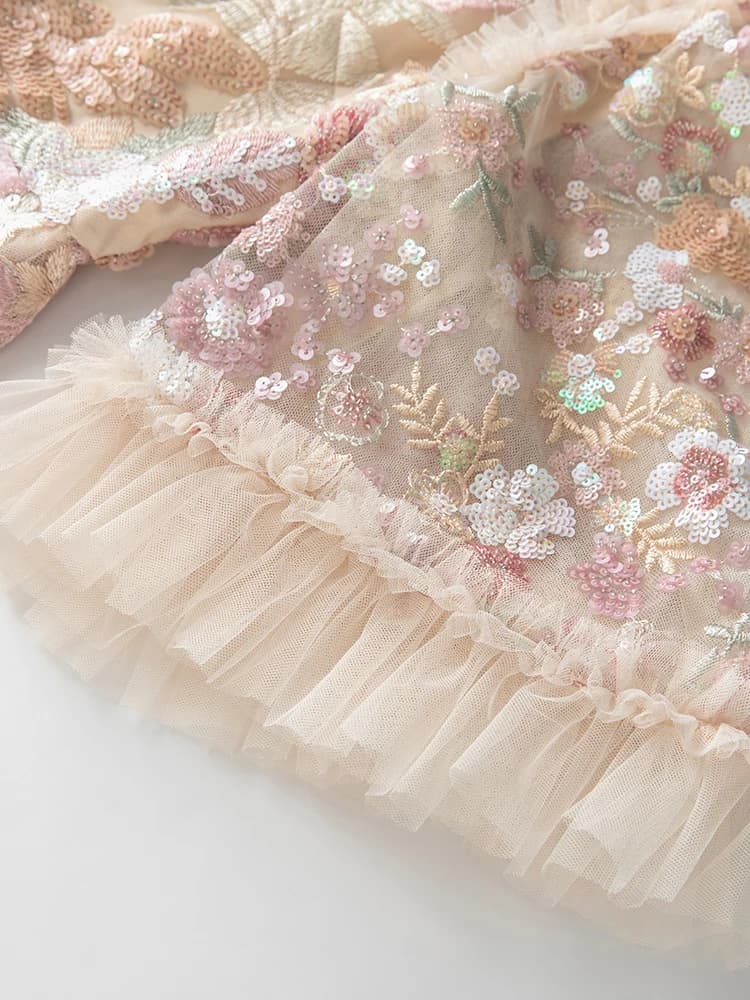 DSXDFACAIRIJ femmes paillettes fleur broderie col rond manches évasées à volants Vintage robe de bal
