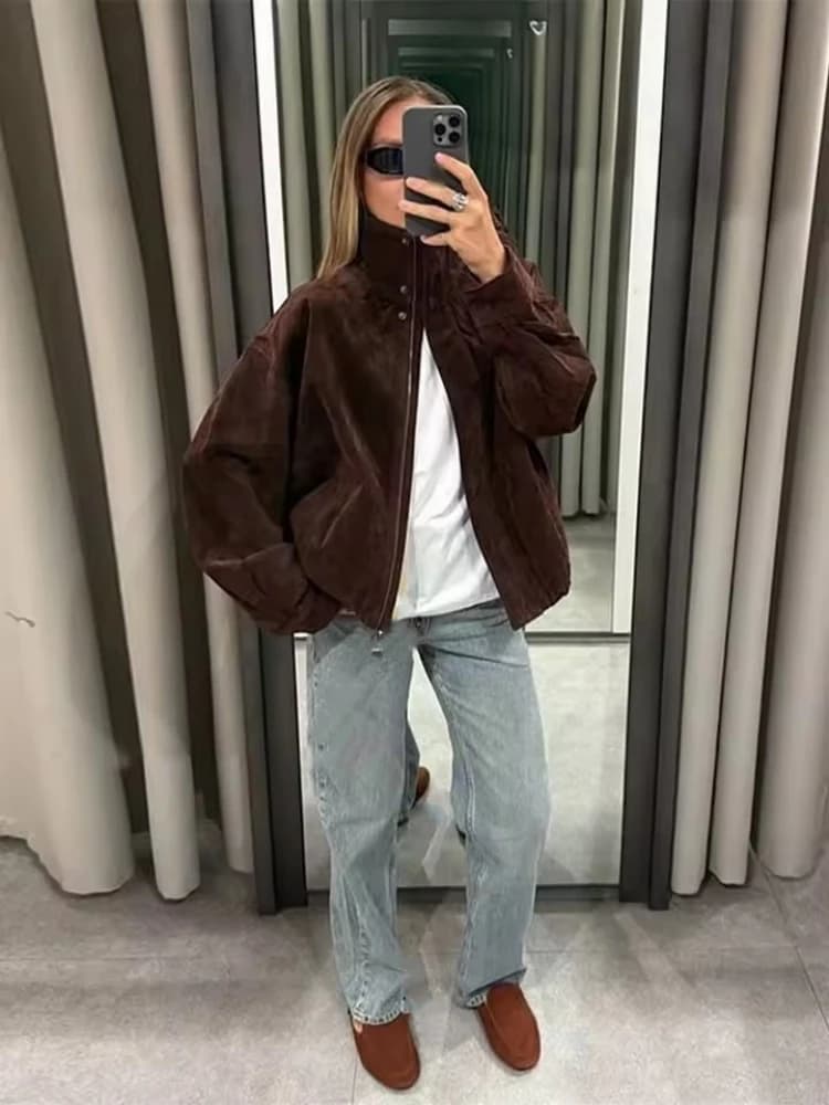 2025 hiver Vintage marron daim vestes amples femmes décontracté col montant poche épais manteau auto