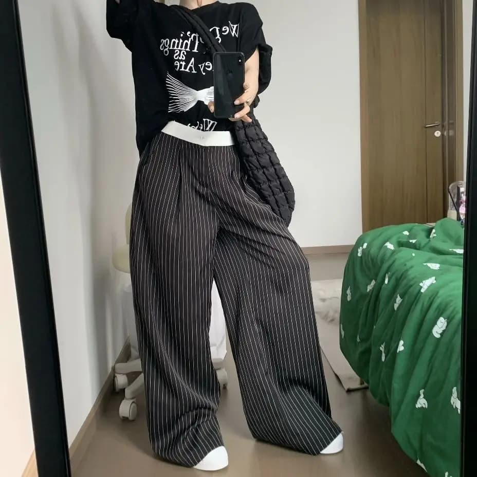 2025 printemps décontracté rayé imprimé taille haute jambe large Patchwork pantalon femmes Baggy mod