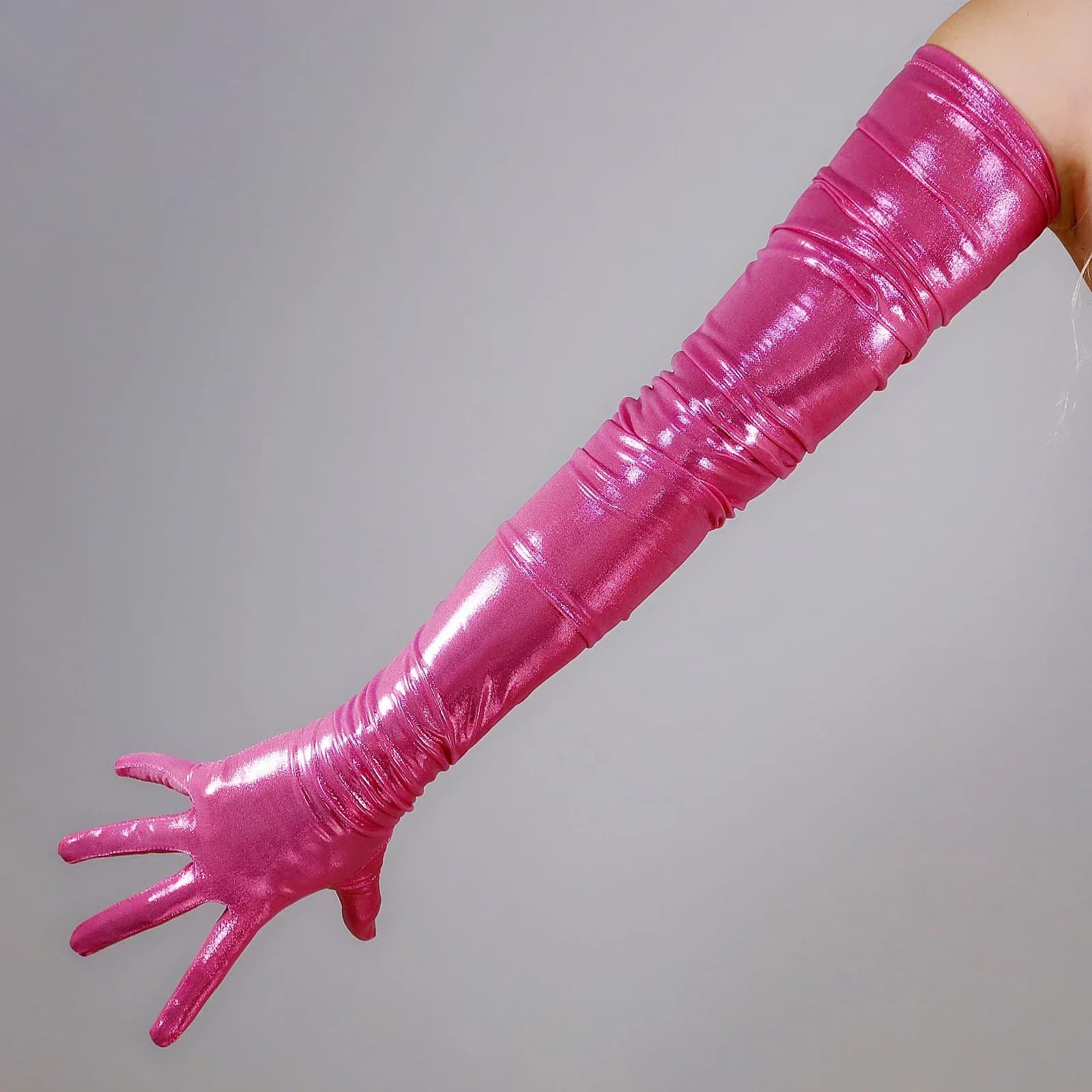 DooWay gants longs rose métallisé froncé 90 cm longueur d'épaule scintillant liquide brillant danse 