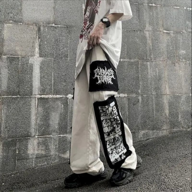 Pantalon cargo gothique punk pour femme, pantalon Anime Patch, taille haute, noir, fjcasual, Harajuk