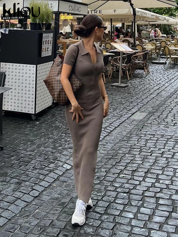 Kliou-Robe Maxi Élégante pour Femme de Bureau, Couleur Unie, Col Rabattu, Manches Courtes, lèvent, F