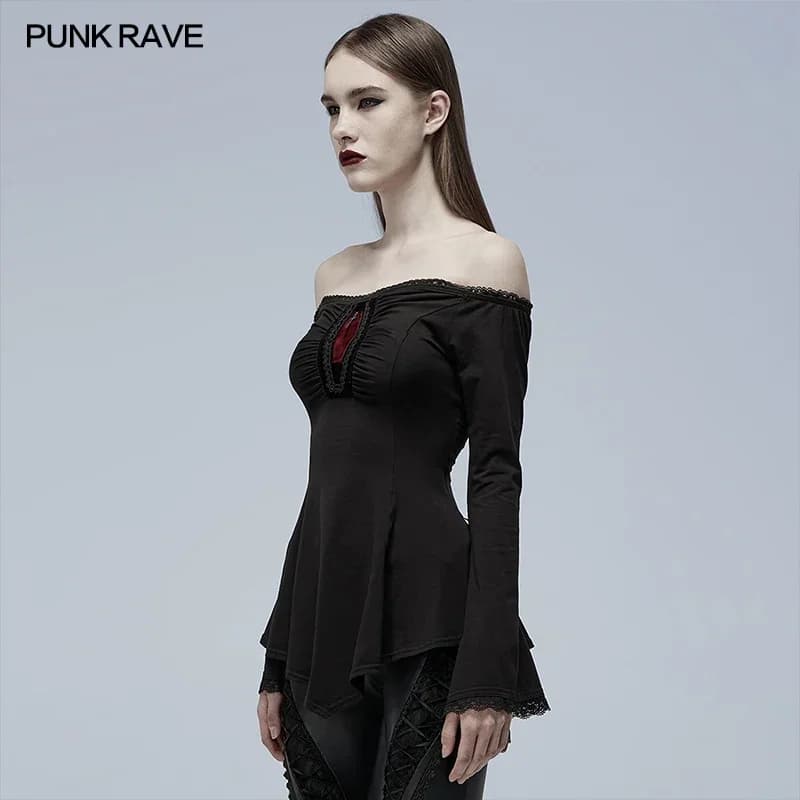PUNK RAVE-T-shirt à manches longues gothique pour femme, col slash, ligne A, coton élastique, noir, 