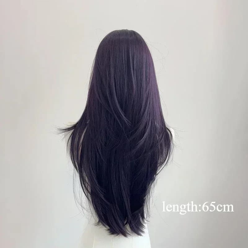 Ashely Perruque violet foncé femme 22 pouces cheveux longs rideau frange couches Nature cheveux raid