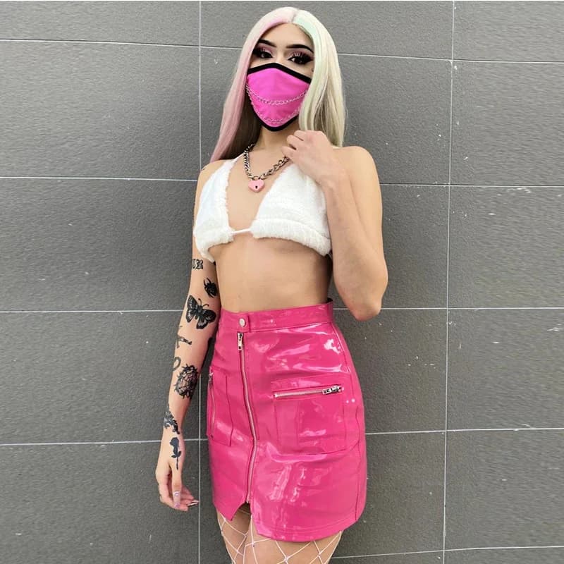 Mini jupe courte en cuir verni brillant pour femmes fermeture éclair fendue Faux Latex Sexy rose noi
