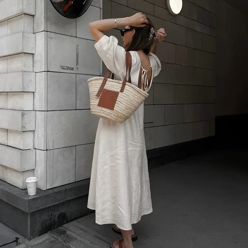 Robe d'été rétro en coton et lin pour femmes, col en V, manches bouffantes, longue robe maxi, robes 