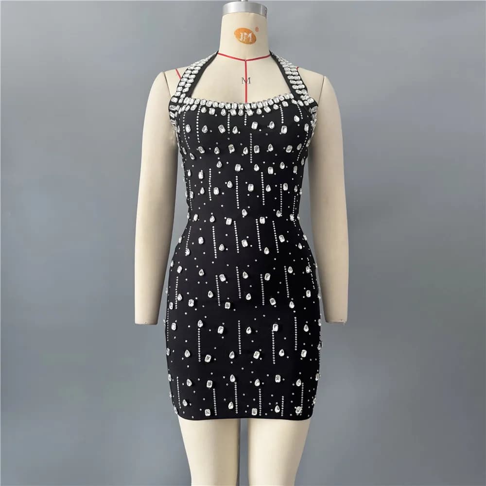 Robe de soirée mini pour femme, style halter, ornée de strass et de diamants, idéale pour les clubs 