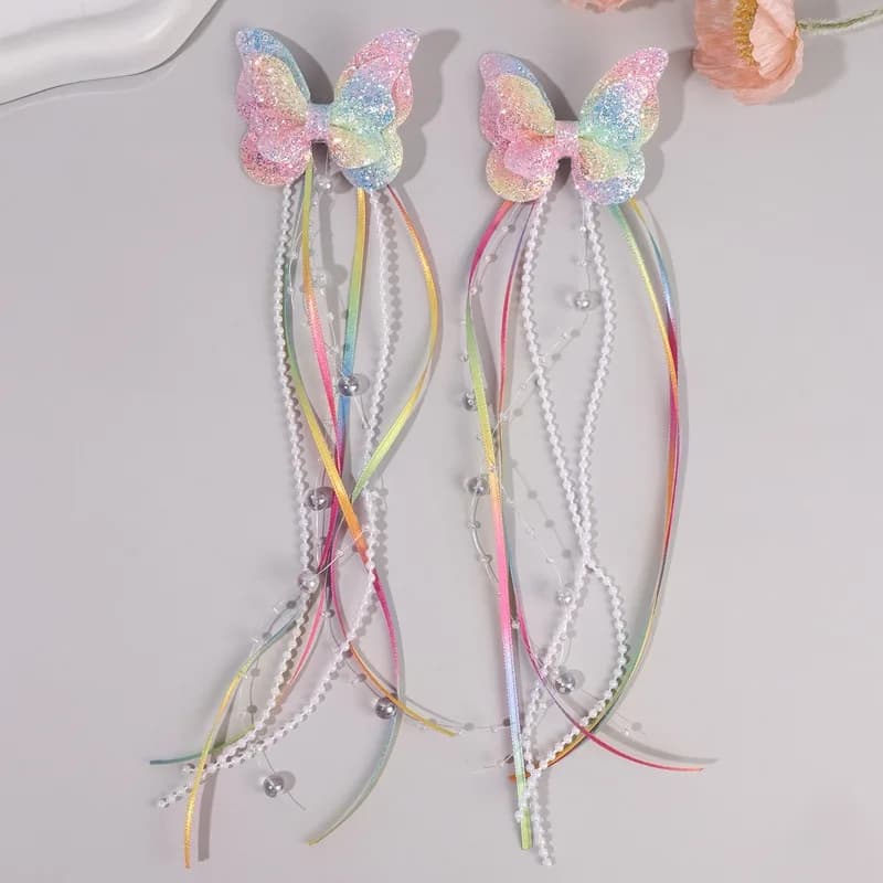 Pince à cheveux à paillettes papillon arc-en-ciel pour enfants, 2 pièces, ruban de perles, pince à c