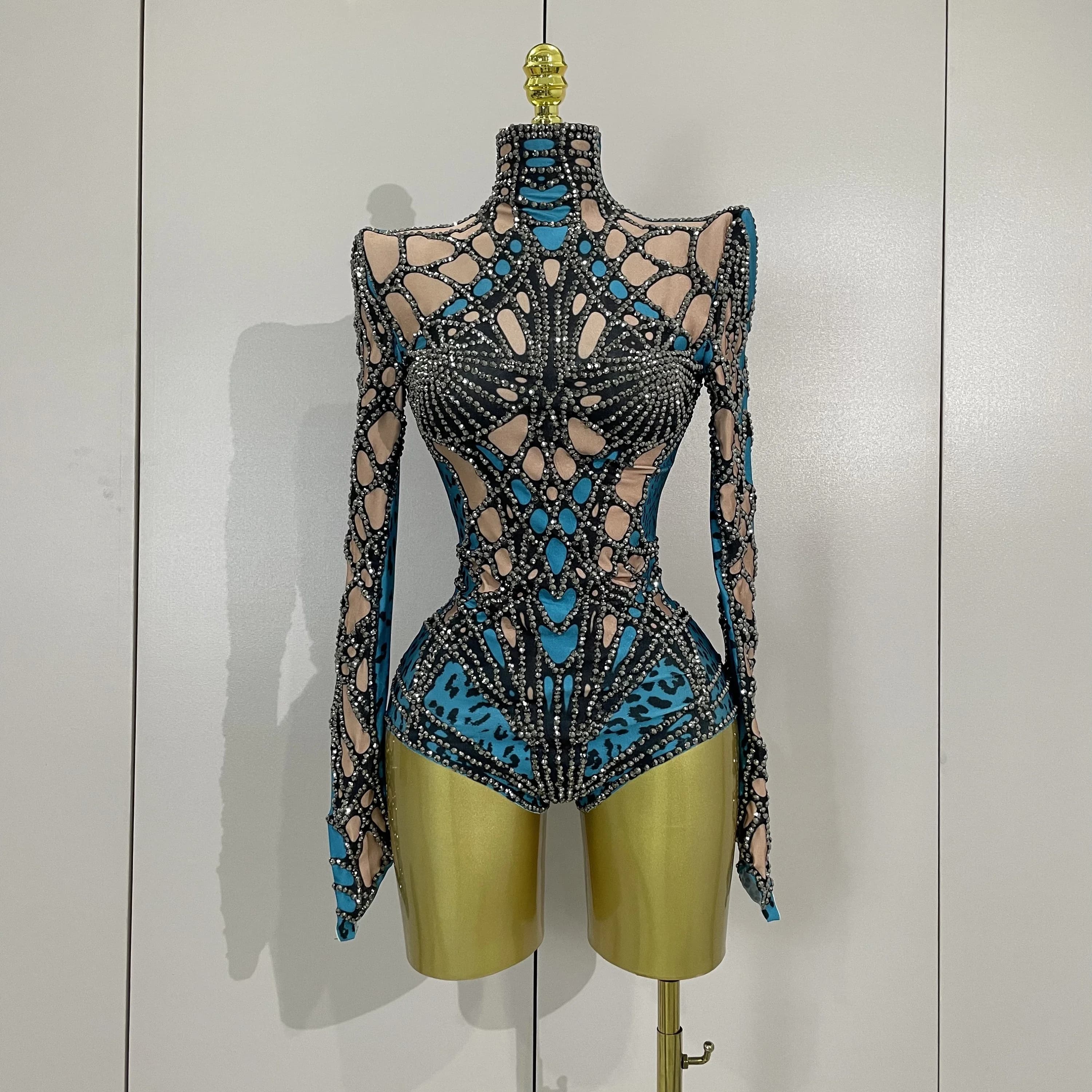 Body extensible à manches longues avec strass scintillants pour femmes, Costume de soirée de luxe po
