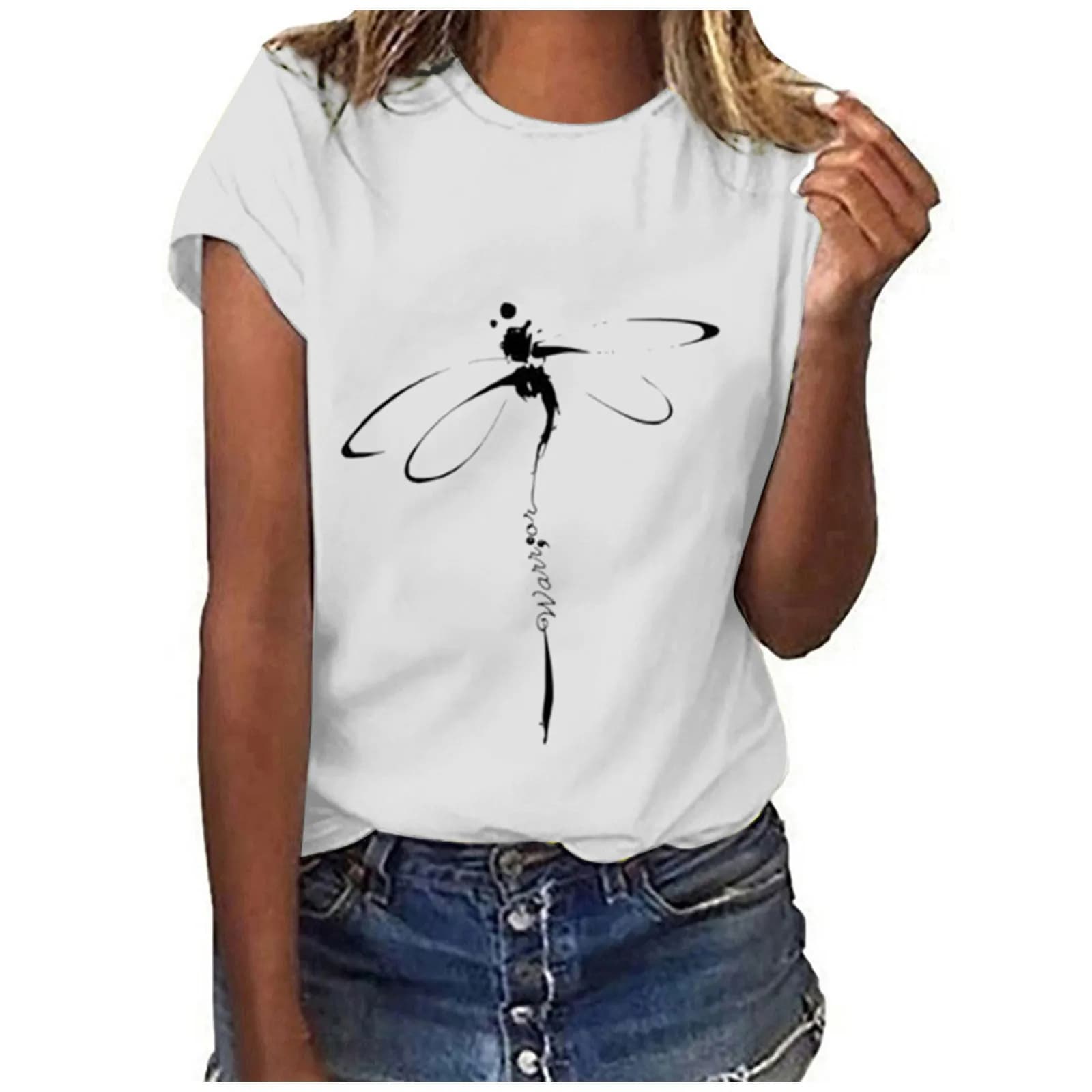 Hauts libellule imprimé col Original chemise de Base décontractée à manches courtes femmes T-shirt s
