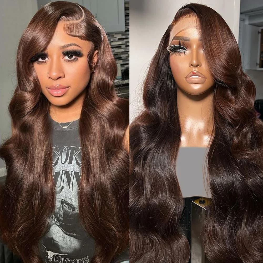 Perruques Lace Frontal Body Wave Marron Remy Pré-Pluckées Couleur Chocolat 13x6 HD Lace Front Cheveu