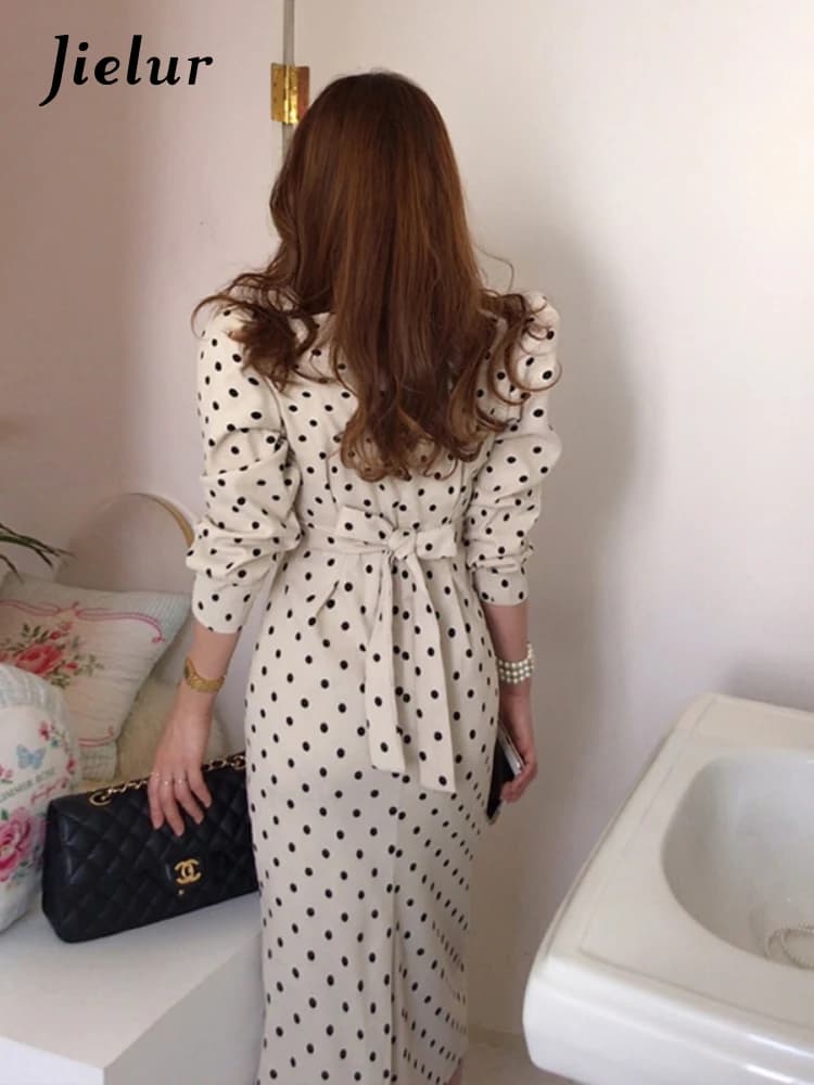 Jielur-Robe en velours côtelé vintage élégante à pois pour femmes, robes mi-longues coréennes à manc