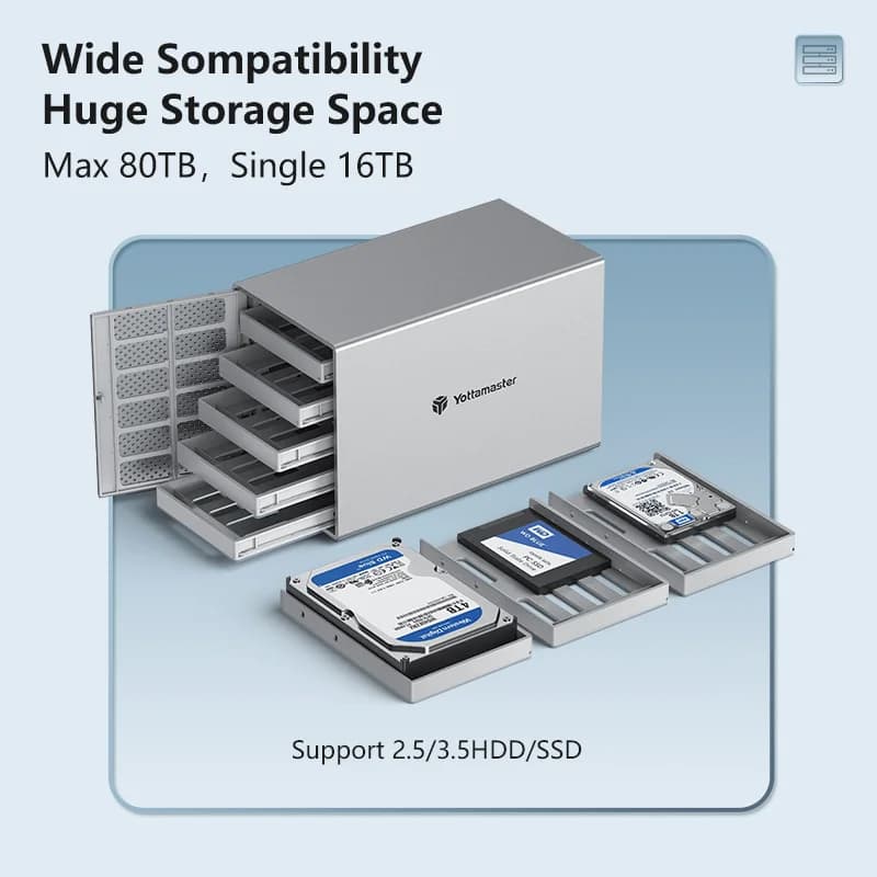 Yottamaster Boîtier de disque dur externe à 5 baies USB3.0 HDD BOX pour disque dur SATA 3,5/2,5 pouc
