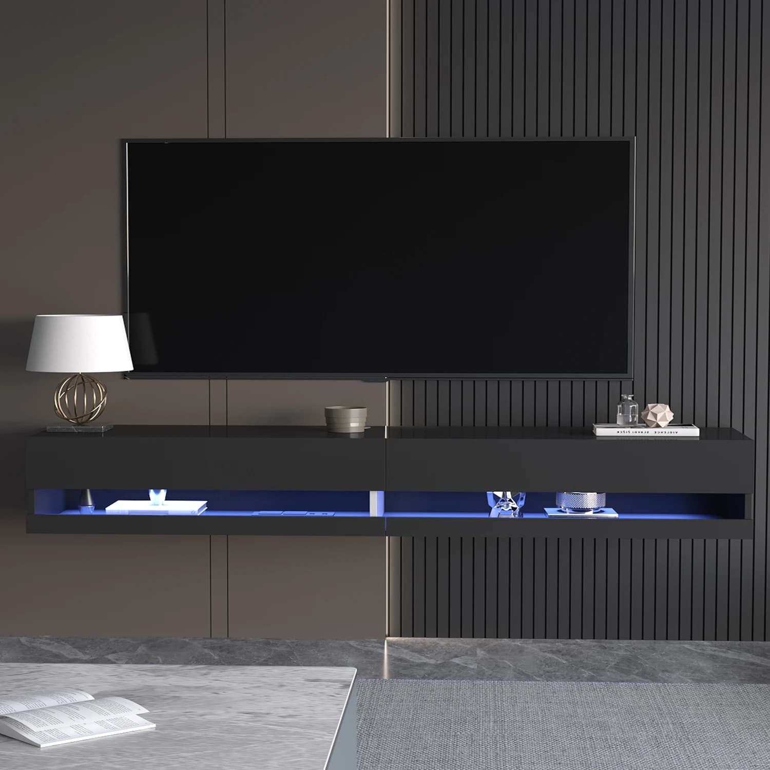 Support TV flottant pour TV 75/80 ", support TV mural LED avec prises de courant, console multimédia