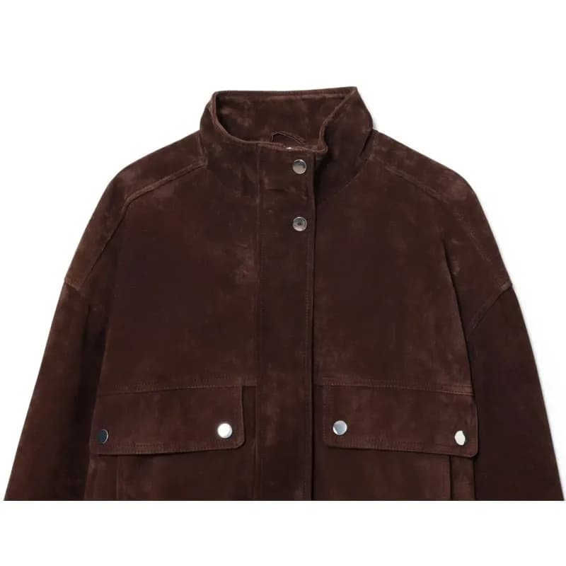 Femmes veste en cuir suédé avec poches automne mode col haut à manches longues bouton veste dame man