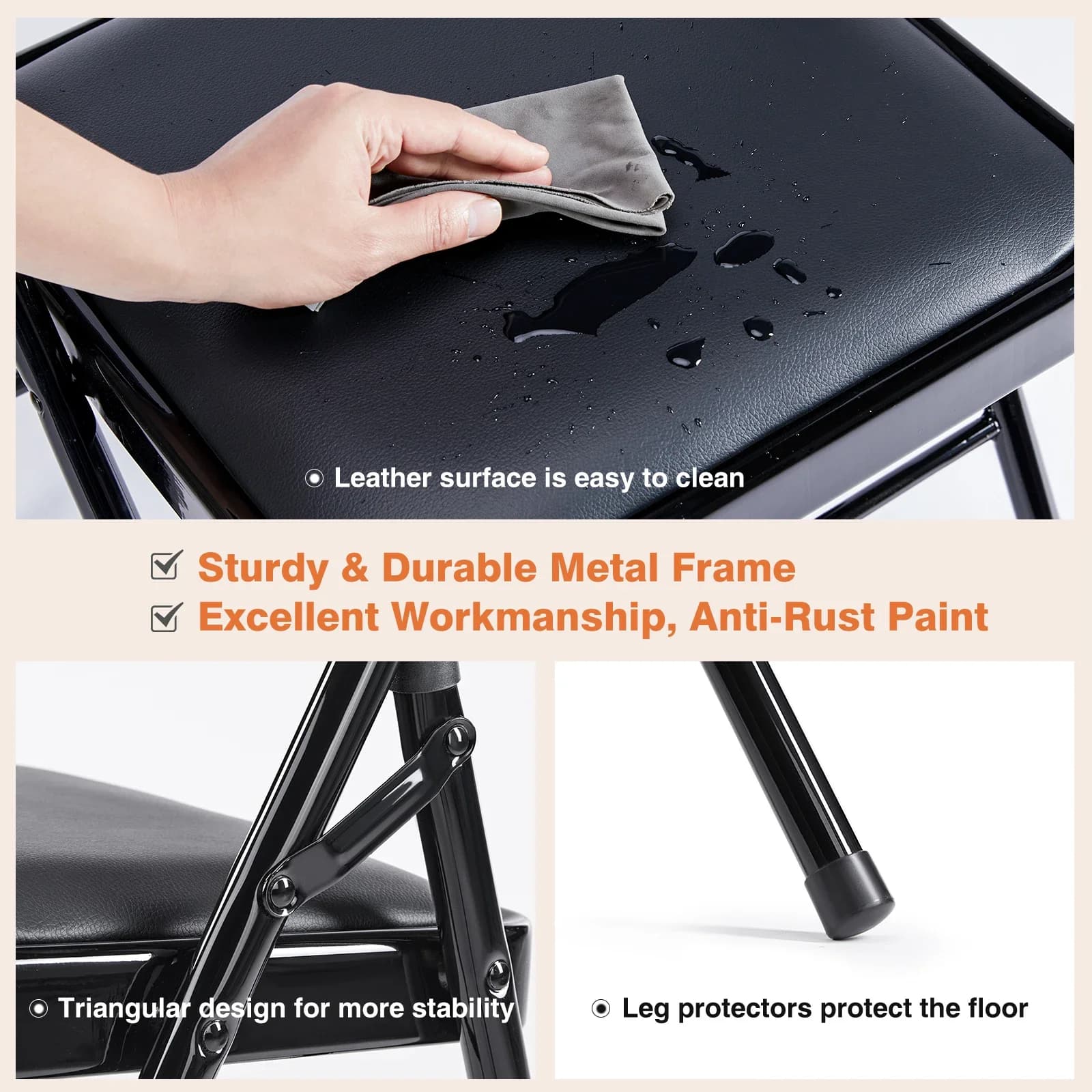 Lot de 4 chaises pliantes rembourrées en cuir, en métal robuste, faciles à utiliser et à ranger, pou