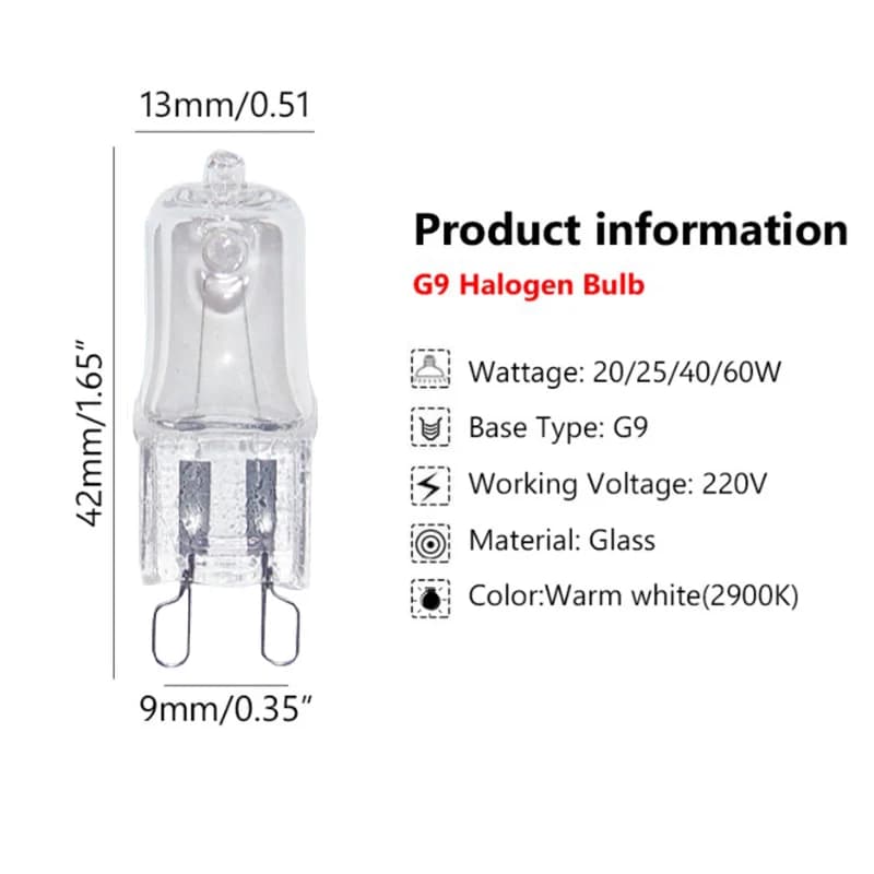 10 pièces ampoules de four G9 ampoules halogènes haute température lumière de vapeur 25w 28w 40w 60w
