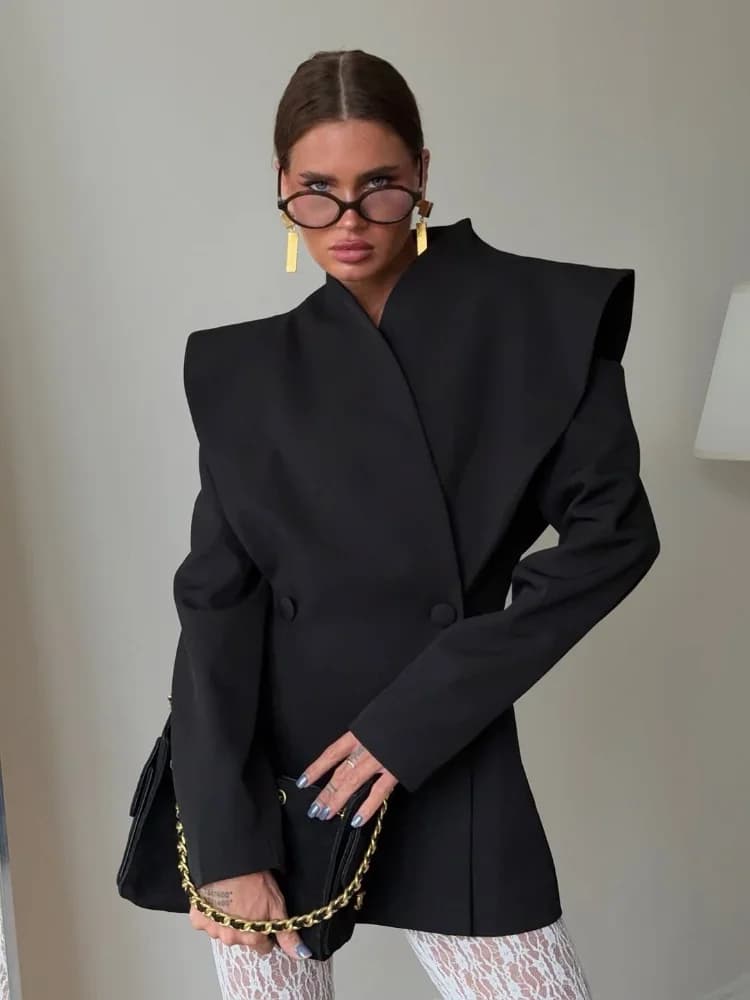 Blazer élégant pour femme, manteau noir, tunique à manches longues, épaules dénudées, col montant, d