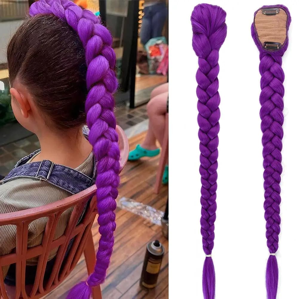 Extensions de queue de cheval tressées violettes de 66cm pour enfants, tresses longues violettes, co