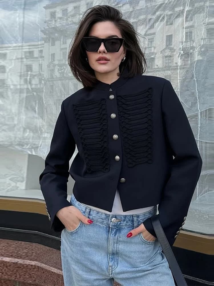 Veste Courte Vintage Napoléon pour Femme, Col Montant, Manches Longues, Simple Boutonnage, Coupe Sli