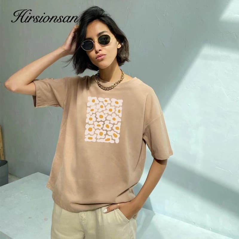 Hirsionsan – t-shirt manches courtes pour femme, basique, 2023 coton, imprimé petite marguerite, sty
