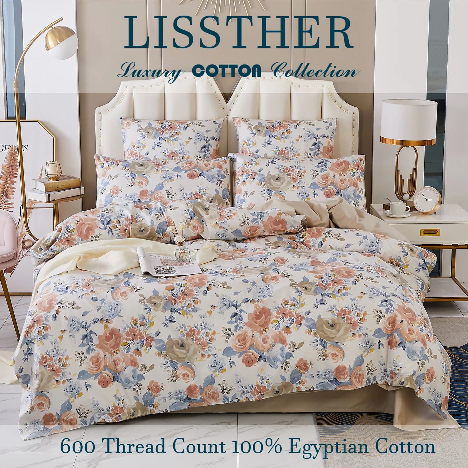 Ensemble de housse de couette 3 pièces 600TC 100% coton égyptien, imprimé Floral de jardin Vintage, 