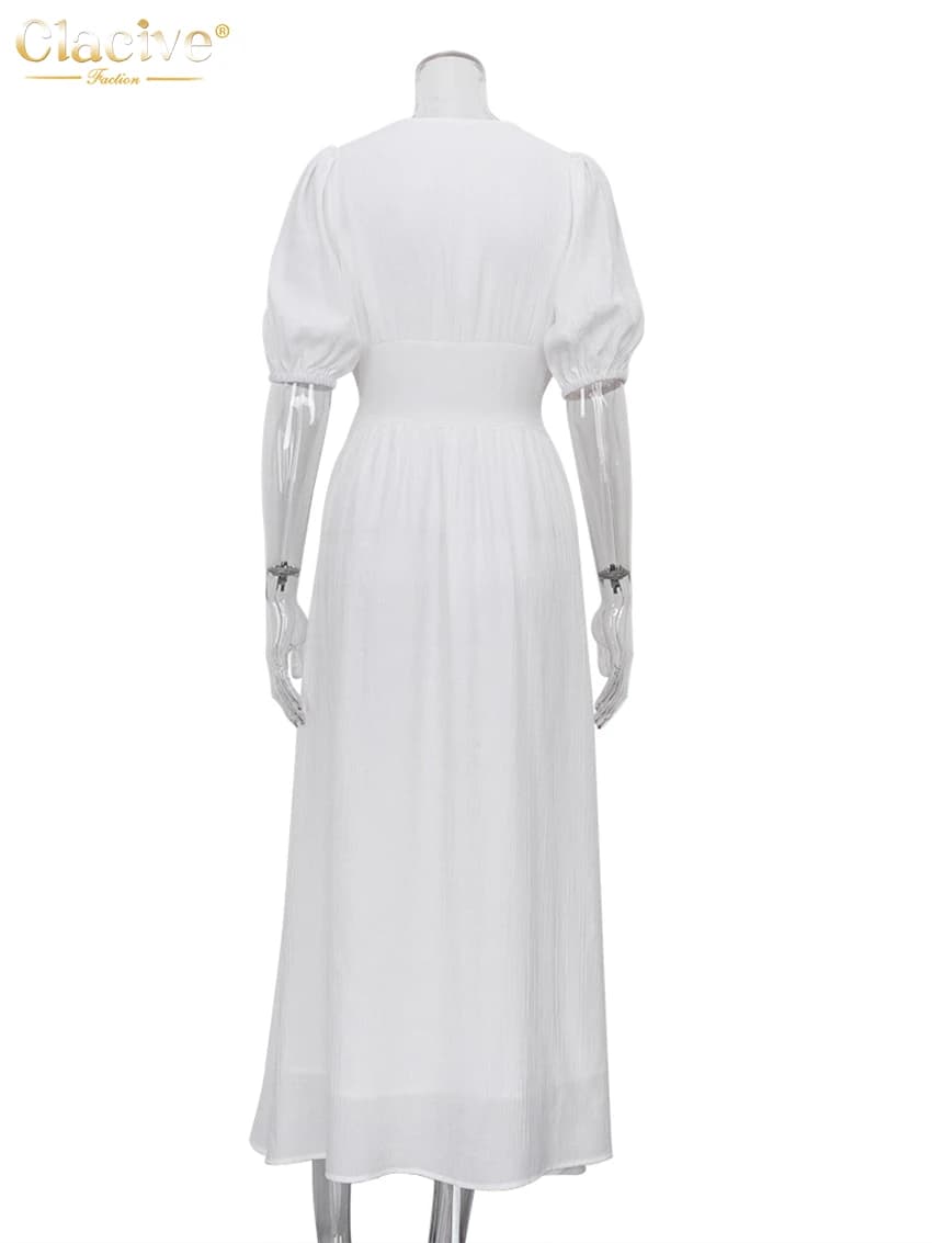 Clacive blanc Sexy simple boutonnage femmes robe 2022 élégant à manches courtes col en v robes de so