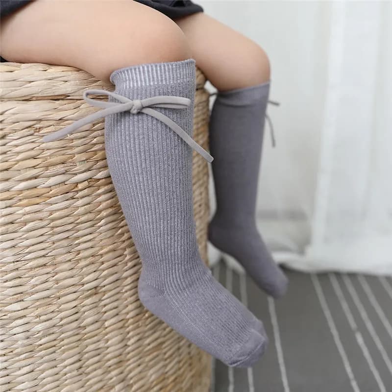 Chaussettes hautes pour enfants de 0 à 7 ans, chaussettes plates et longues avec nœud papillon, en c