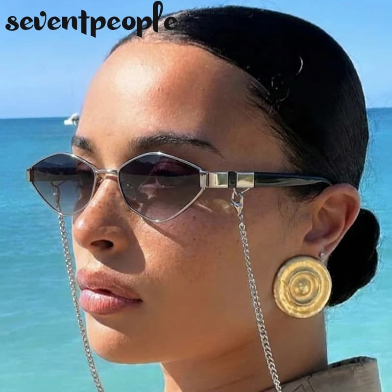 Lunettes de soleil hexagonales à petite monture avec chaîne pour femme 2026 – Marque de luxe vintage