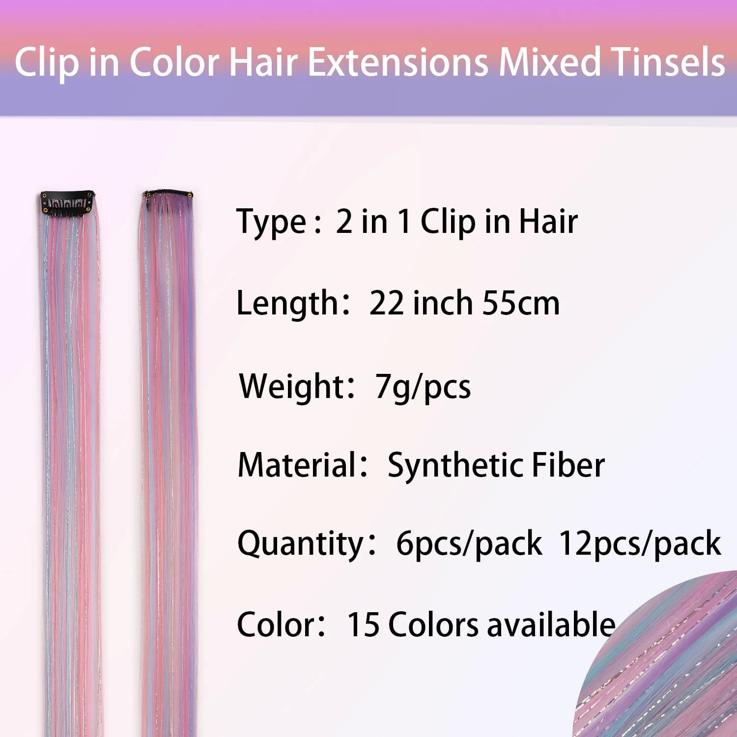 Extensions de cheveux synthétiques à clips licorne colorées, tinsels argentés mélangés, arc-en-ciel,