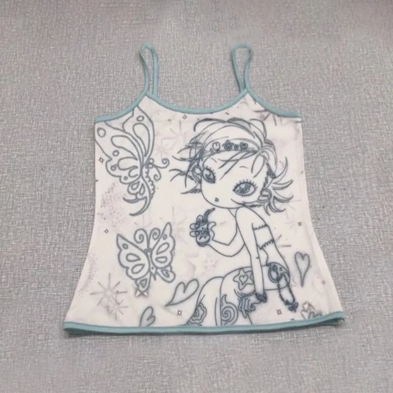 Karr233 Y2k Aesthetics Cami Top, Fairycore Anime Print Camisole, Kawaii Crop Top, Japanese Harajuku 