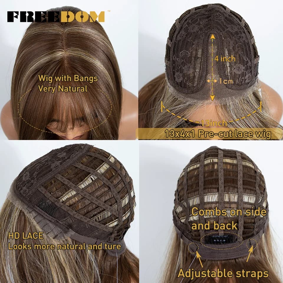 Perruque synthétique FREEDOM à franges droites avec frange, 20 pouces, ombré brun blond, pré-coupée,