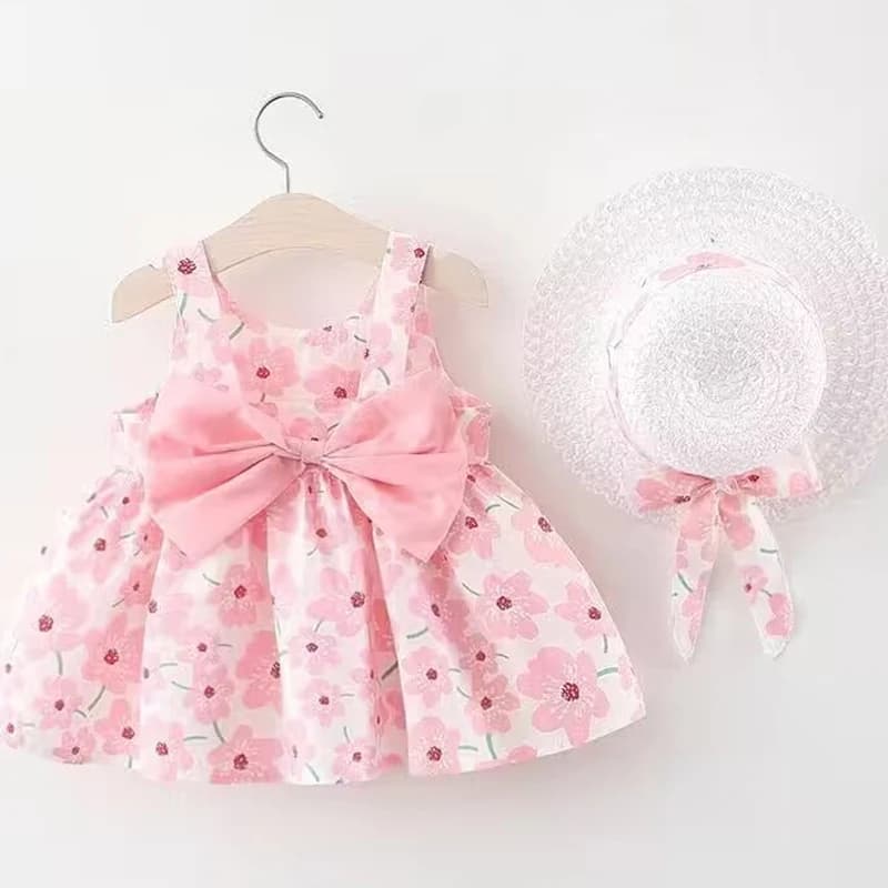 Vêtements d'été pour bébés de 0 à 3 ans, robe de princesse fleurie sans manches avec chapeau et nœud