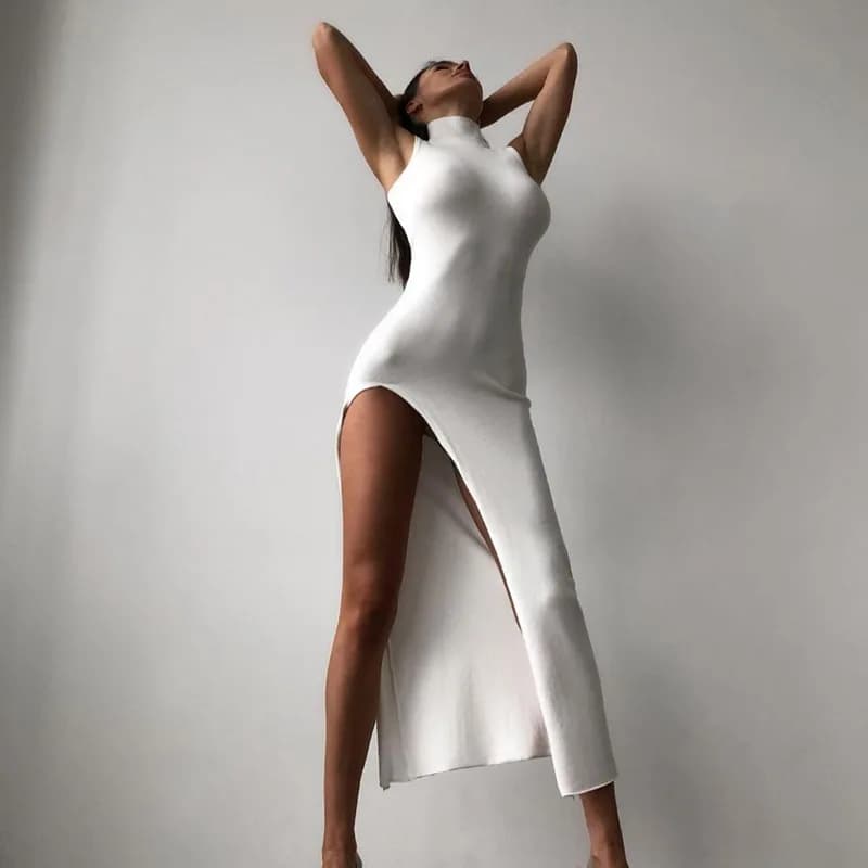 Robe longue sexy à col roulé pour femmes, tenue de soirée mince, robes de soirée fendues sur le côté