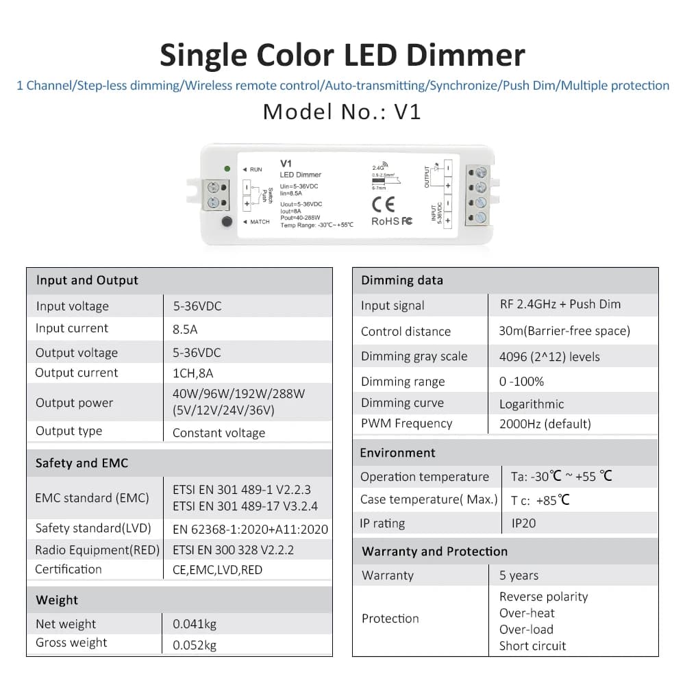 Variateur LED V1 12V 24V 36V RT6, 4 zones, bande LED monochrome, Kit de gradation, télécommande sans