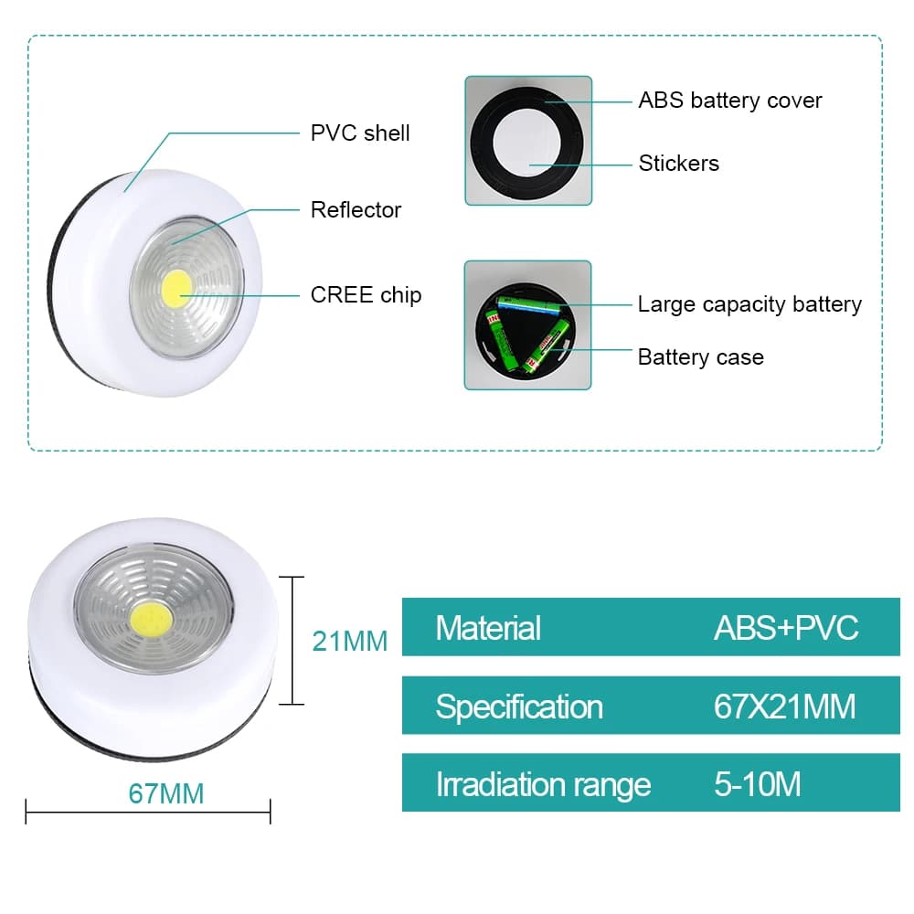 COB LED sous-meuble lumière avec autocollant adhésif sans fil veilleuse maison applique AAA alimenté