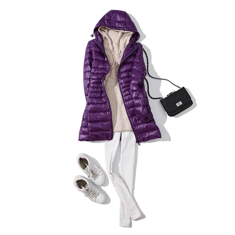 Doudoune Longue Chaude et Légère pour Femme, Manteau à Capuche, avec Sac de Rangement Portable, Long