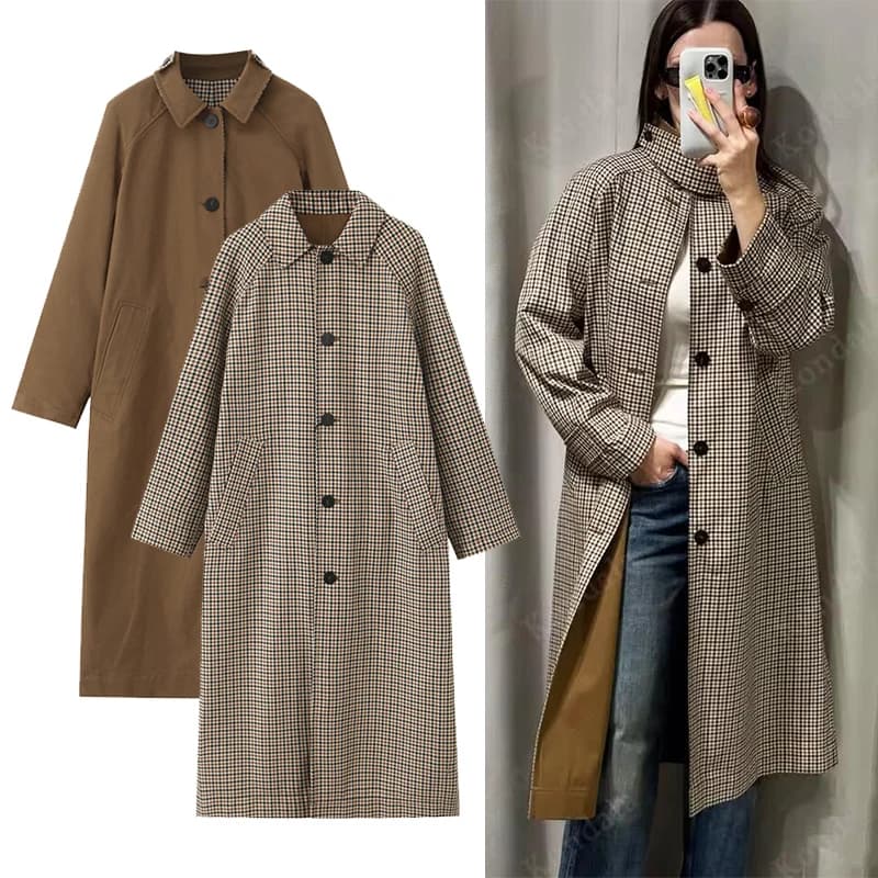 Vestes longues à carreaux Double face pour femmes, Trench-Coat à manches longues et simple boutonnag