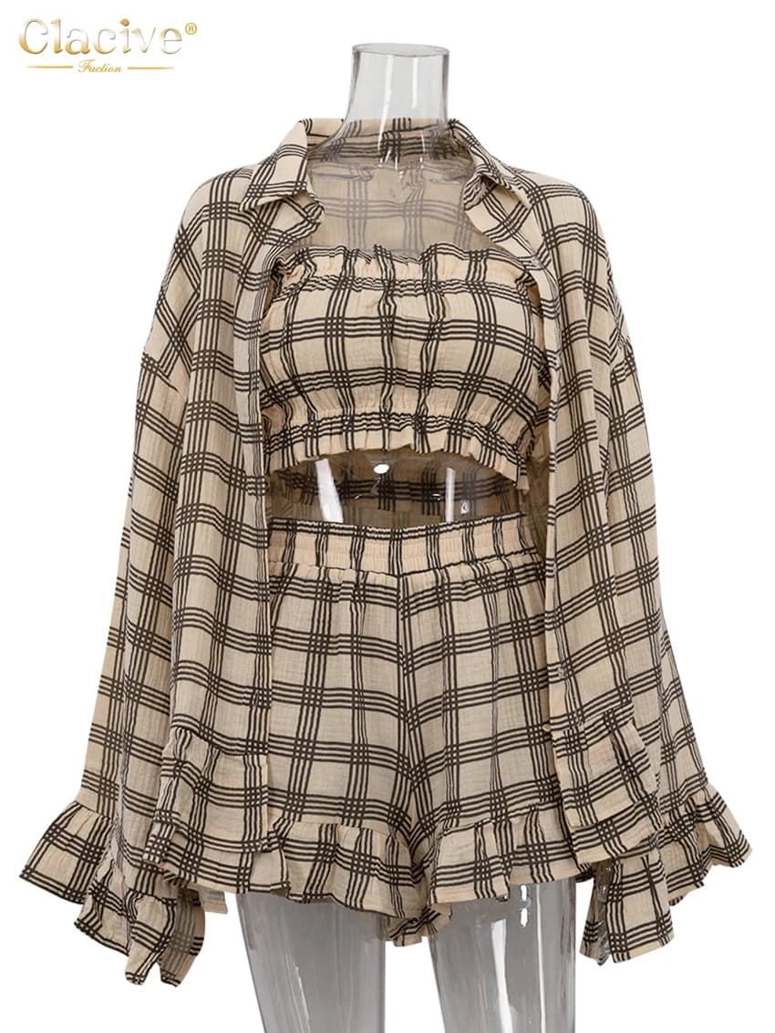 ClacMarkets-Ensemble 2 pièces en coton à carreaux pour femme, chemise élégante à manches longues, ha