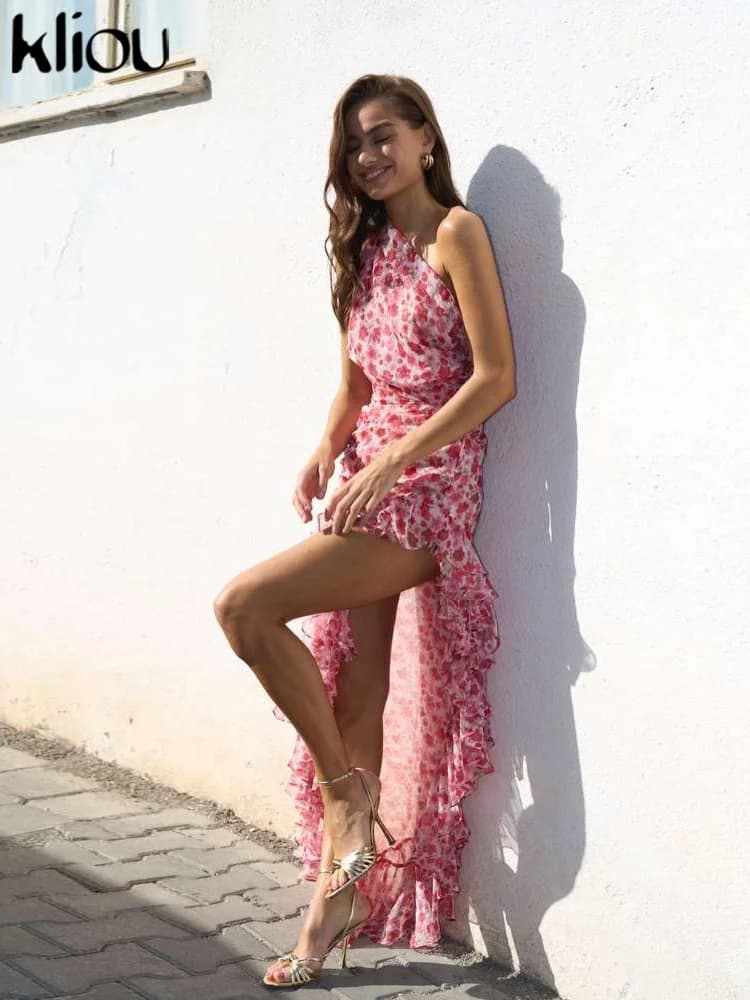 Kliou-Robe à volants irrégulière pour femme, imprimé floral tractif, vêtements fendus sur le côté, t