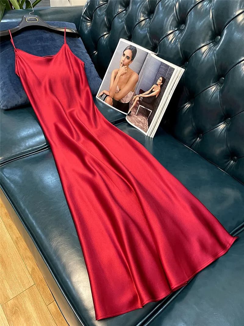 Robe longue en satin pour femme, sans manches, col en V, couleur unie, élégante, style vintage, bret
