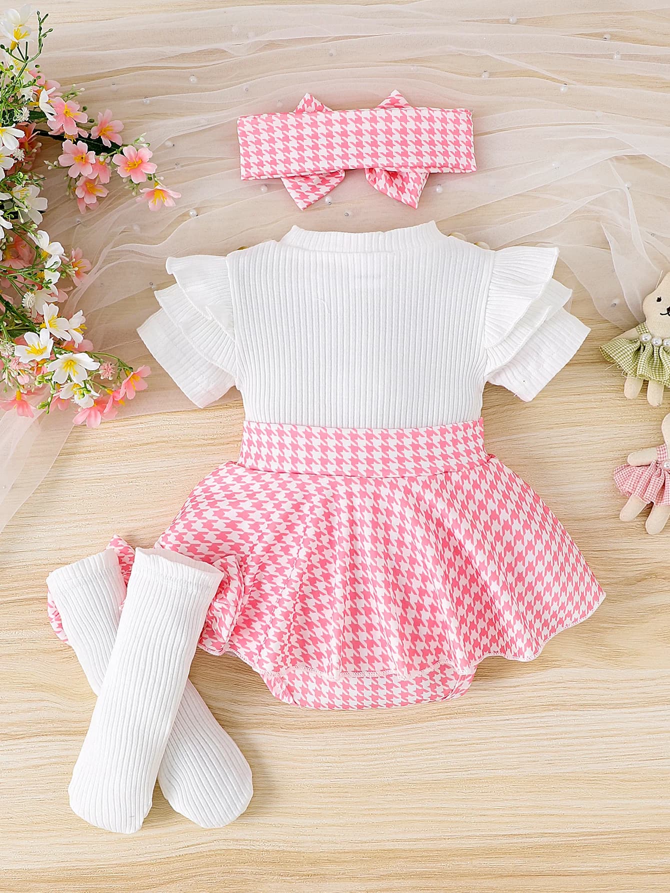 Robe pied-de-poule à manches courtes pour filles de 0 à 1 ans, 3 pièces, nouveau style, douce et rav