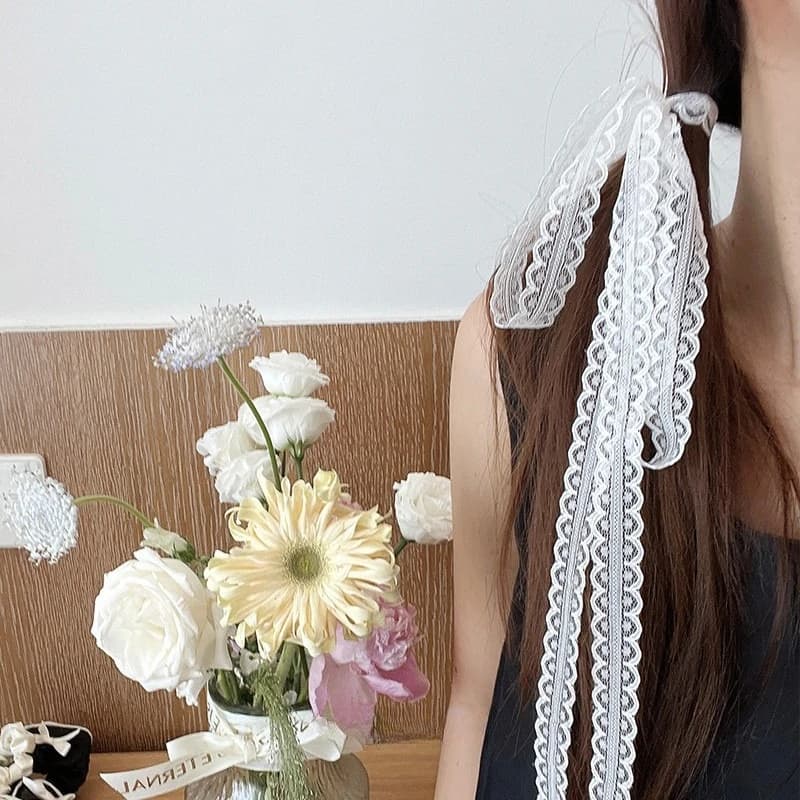 Mode coréenne douce dentelle écharpe nœud papillon cravates femmes été mince maille fleur longue pet