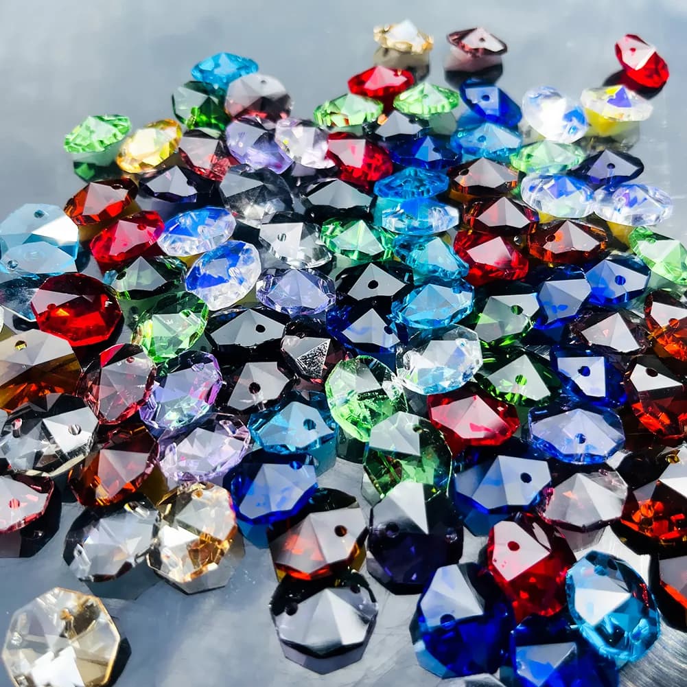 Perles octogonales en cristal, 50 pièces, 14mm, 2 trous, prismes, pièces de lustre, pendentif en ver