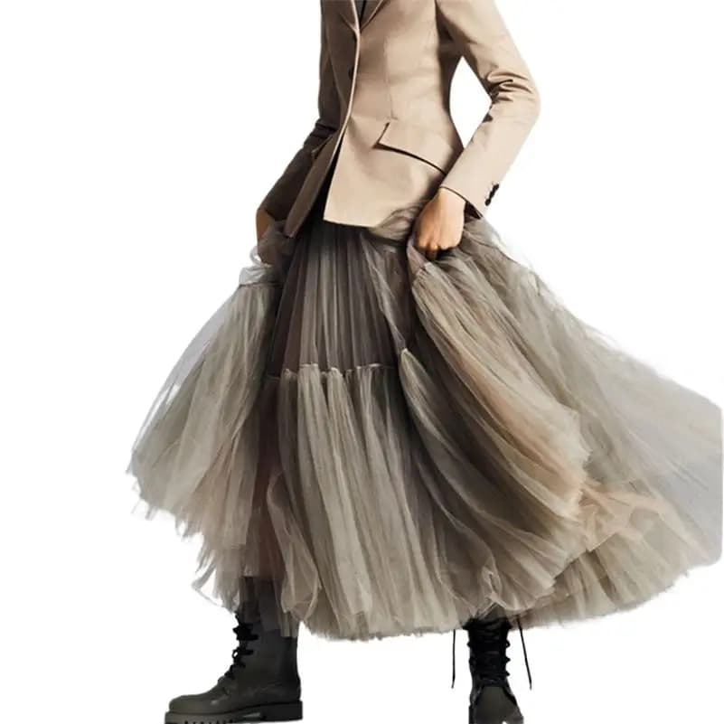 Jupes longues en tulle taille haute pour femmes, jupe tutu trapèze, vêtements en maille plissée pour