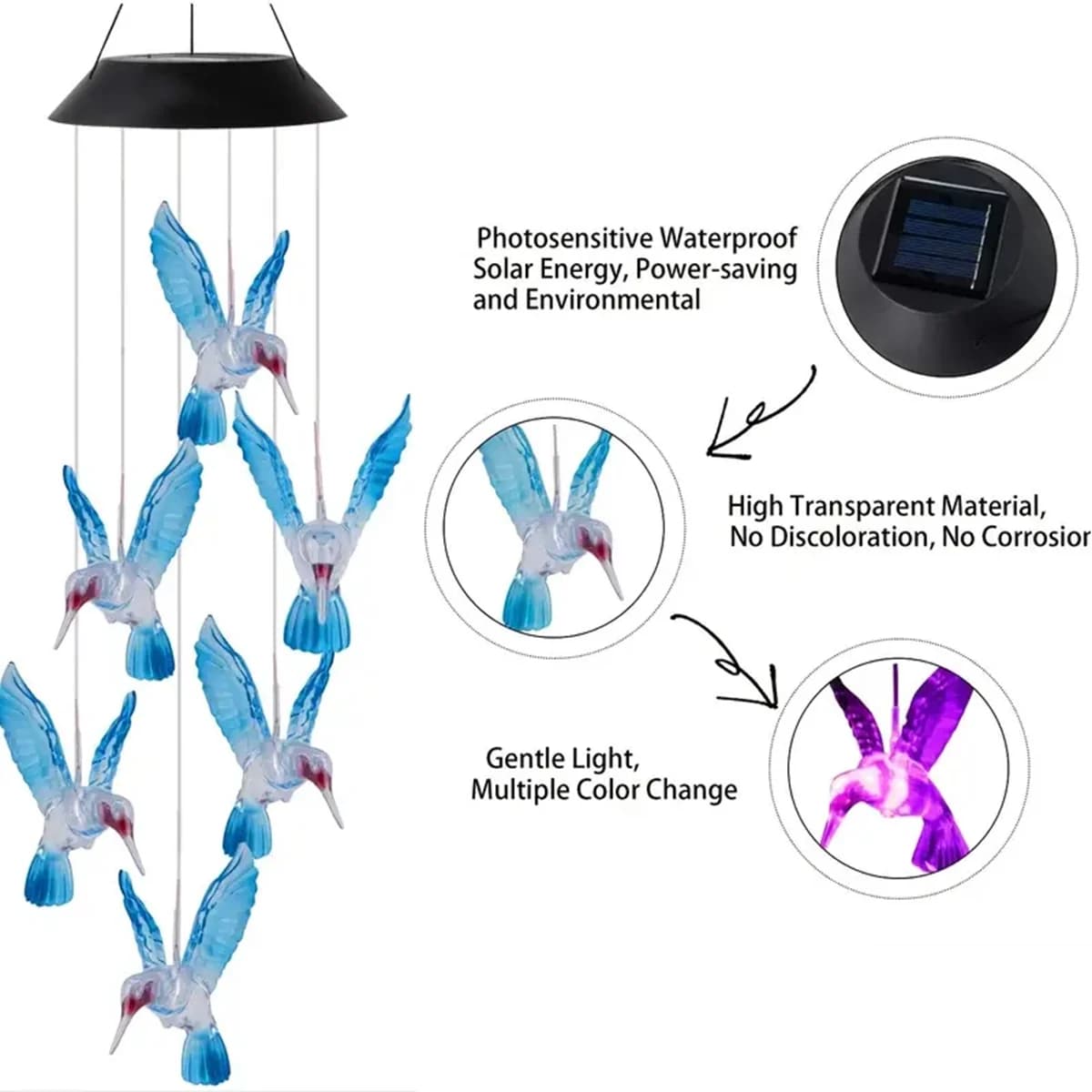Carillons éoliens solaires à couleur changeante, 1 pièce, lumières colibri solaires d'extérieur, car