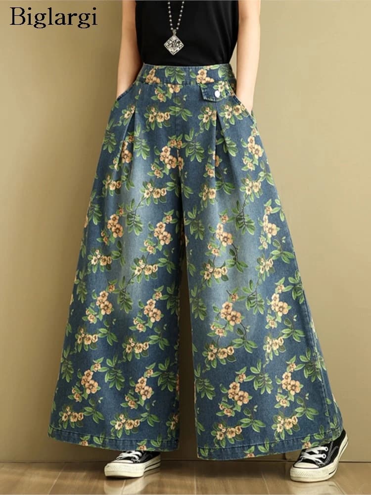 Jean surdimensionné printemps été fleur imprimé fleuri pantalon femmes jambe large Denim ample mode 