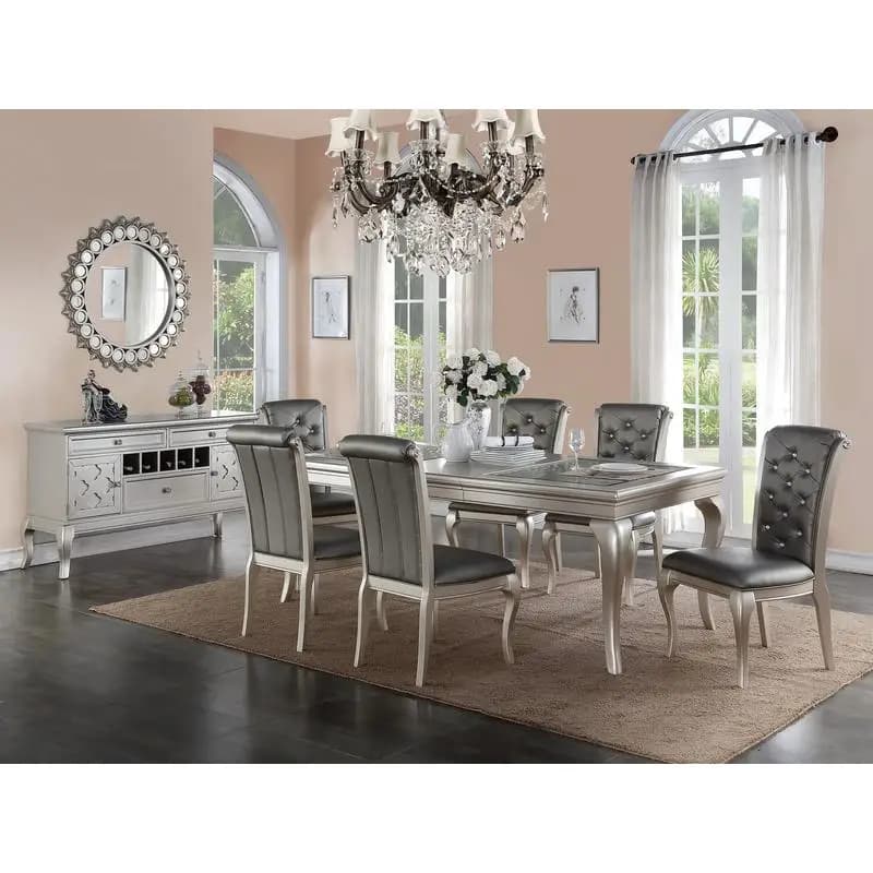 7 pièces Rect. Ensemble de table à manger en verre avec teinte argentée et 6 chaises d'appoint capit