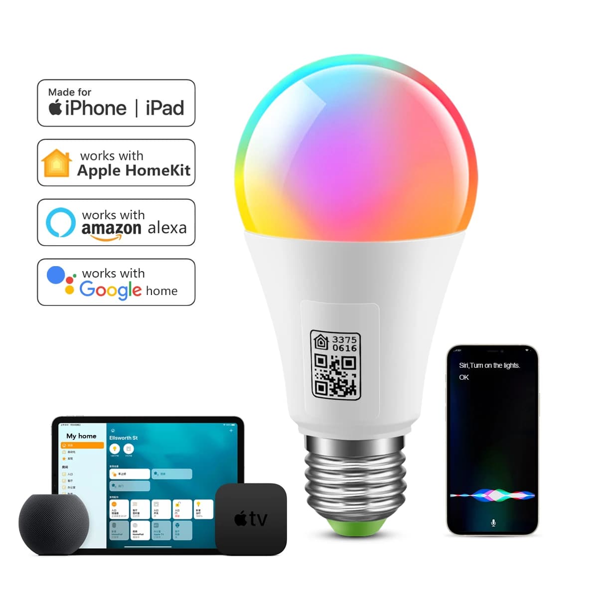 Homekit – ampoule Wifi intelligente multicolore, variable, E27, LED, contrôle Siri, fonctionne avec 