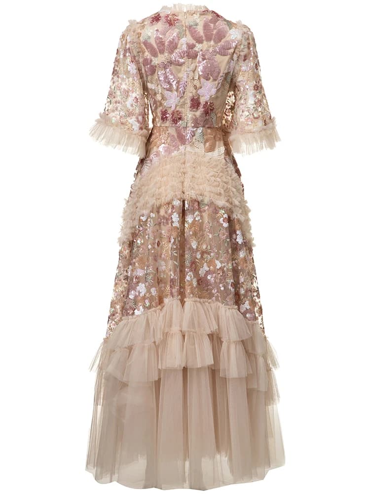 DSXDFACAIRIJ femmes paillettes fleur broderie col rond manches évasées à volants Vintage robe de bal